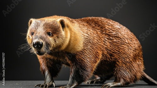 A close-up portrait of a wet, brown and yellow river otter with sharp claws and a long snout standing on a dark surface. photo