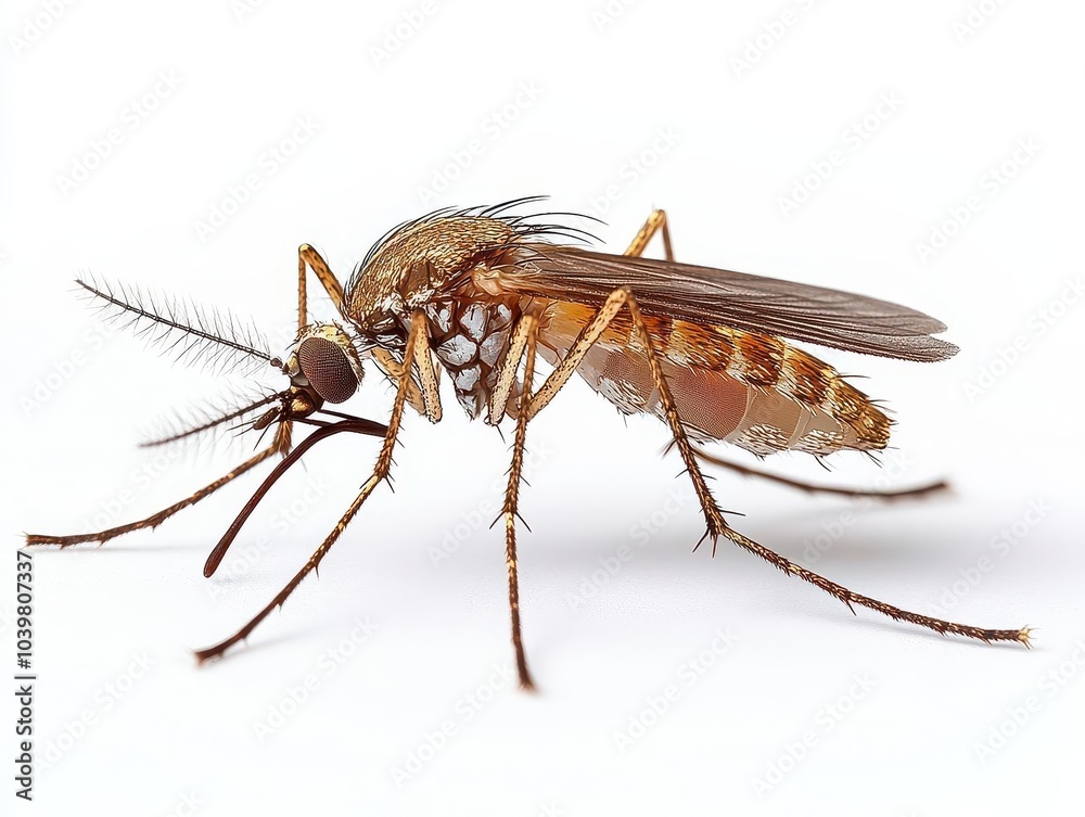 detailed close-up of a mosquito, perfectly isolated against a clean white background, showcasing the intricate details of its body and wings, emphasizing its delicate yet complex structure detailed close-up of a mosquito, perfectly isolated against a clean white background, showcasing the intricate details of its body and wings, emphasizing its delicate yet complex structure