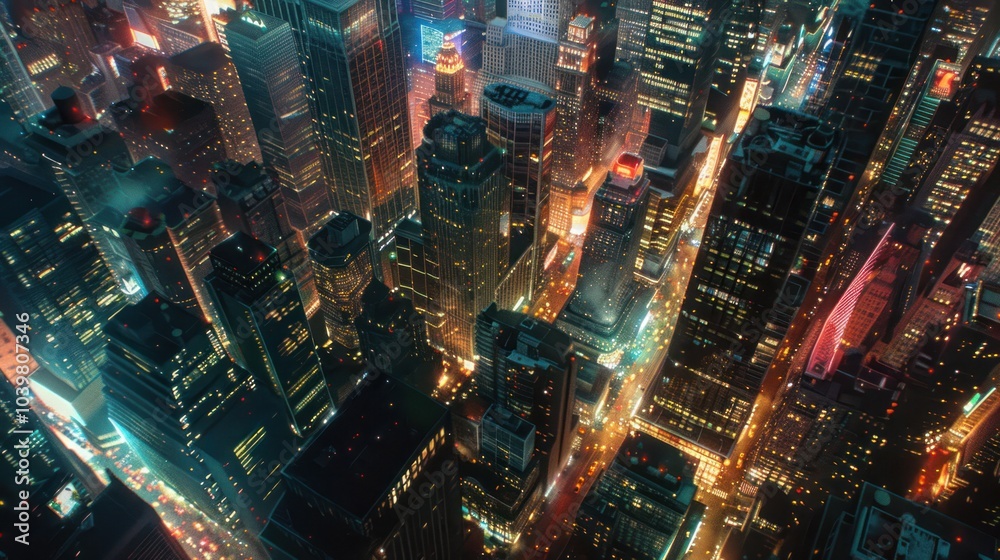 A cityscape at night with illuminated skyscrapers and bustling streets. A cityscape at night with illuminated skyscrapers and bustling streets.