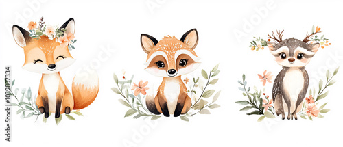 Adorable Watercolor Illustration of Fox and Deer with Floral Accents, Adorable Watercolor Illustration of Fox and Deer with Floral Acc