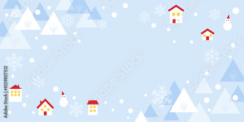 雪が降る風景、小さな家と木々の背景