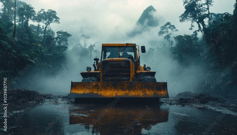 Heavy machinery clears a misty rainforest path during the early morning hours Heavy machinery clears a misty rainforest path during the early morning hours