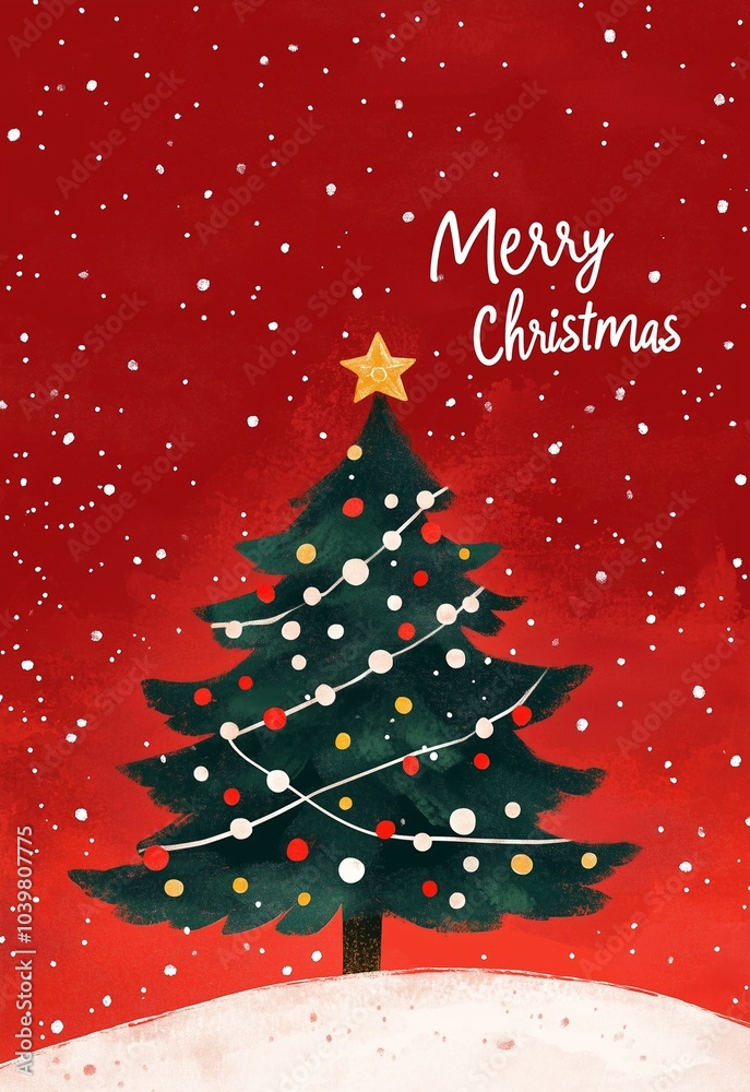 Christmas card with christmas tree illustration and text Merry Christmas 