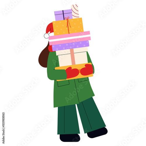 Isolated Flat Design Illustration of a Girl in Green Jacket and Pants Holding a Pile of Gifts. Character with Christmas Hat and Scarf. Holiday-Themed Vector for Festive Decor and Design Projects