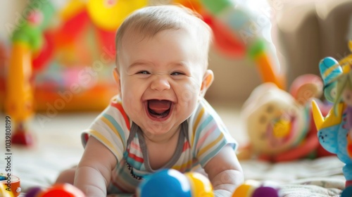 A baby laughing and playing with toys at home