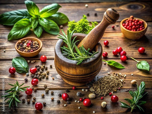 Aerial View of Fresh Herbs and Spices Being Ground in a Mortar and Pestle for Culinary Delights