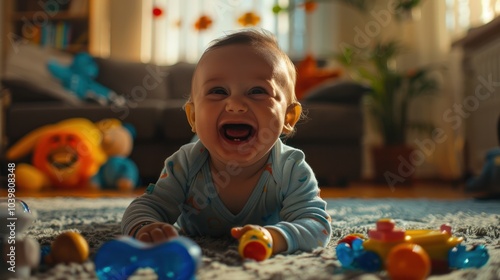 A baby laughing and playing with toys at home