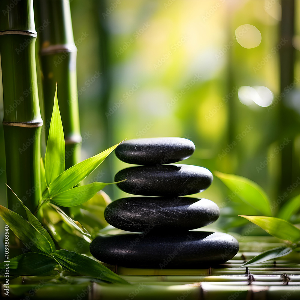 zen stones and bamboo leaves.A balanced stack of smooth black Zen stones surrounded by fresh green bamboo stalks and scattered leaves, with soft morning light filtering through zen stones and bamboo leaves.A balanced stack of smooth black Zen stones surrounded by fresh green bamboo stalks and scattered leaves, with soft morning light filtering through