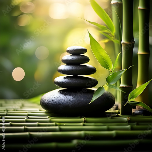 A balanced stack of smooth black Zen stones surrounded by fresh green bamboo stalks and scattered leaves, with soft morning light filtering through