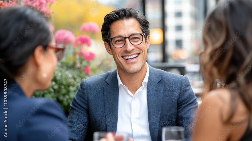 Smiling Businessman Enjoying Outdoor Networking Lunch Meeting Smiling Businessman Enjoying Outdoor Networking Lunch Meeting