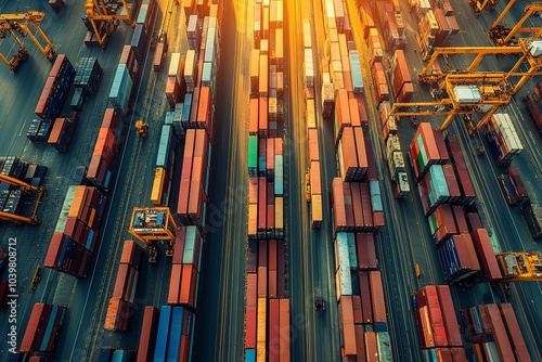 Aerial view of shipping containers at port