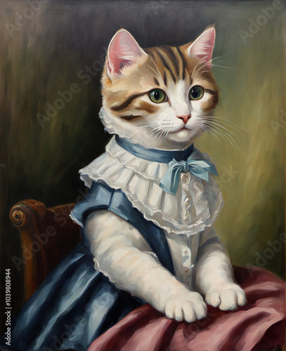 Victorian style oil portrait of a pretty stripy cat wearing her Sunday best