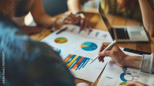 A tech startup team conducting a market research session with charts and data