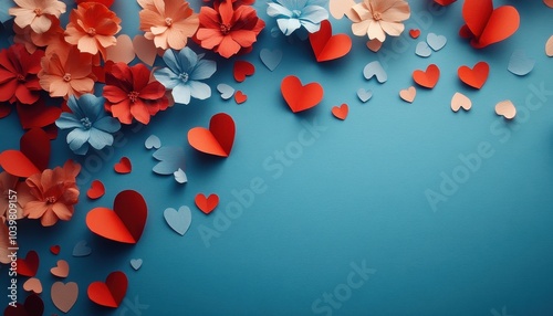 Colorful paper hearts and flowers arranged on a vibrant blue background