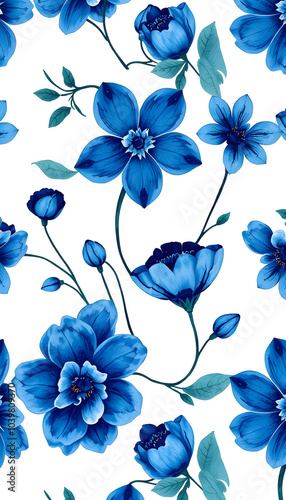 Blue floral pattern illustration isolated with white highlights, png