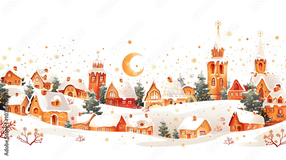 Cozy Christmas in the Suburbs: Detailed Illustration of Snowy Houses and Festive Decorations Cozy Christmas in the Suburbs: Detailed Illustration of Snowy Houses and Festive Decorations
