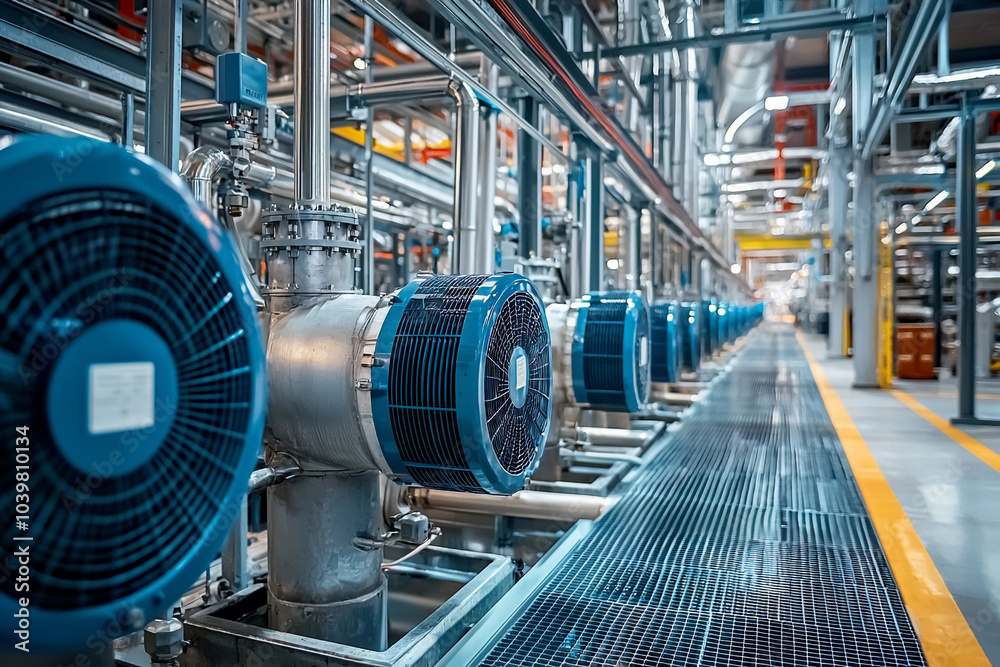 Industrial piping system with pumps in a manufacturing facility Industrial piping system with pumps in a manufacturing facility