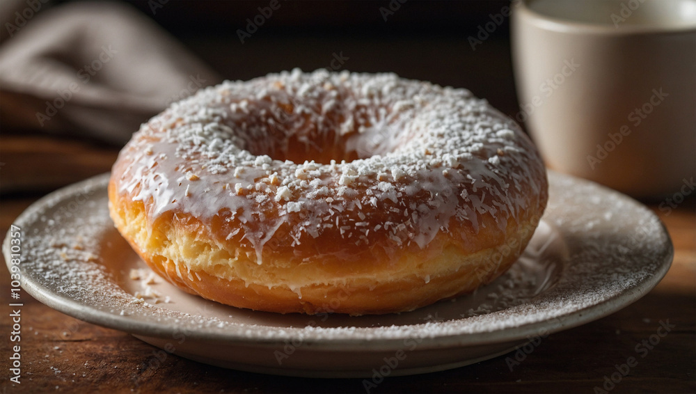 Vanilla-glazed donut dusted with powdered sugar, placed on a rustic plate with a warm kitchen setting. Vanilla-glazed donut dusted with powdered sugar, placed on a rustic plate with a warm kitchen setting.