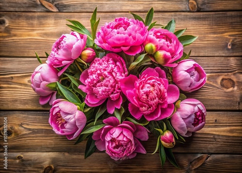 Aerial View of Pink Peonies on Wooden Table for Celebration Greeting Card Design