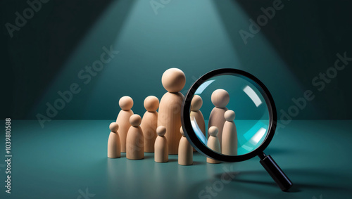 Wallpaper Mural magnifying glass focusing on a wooden figurine, A magnifying glass focuses on one wooden figurine in a group of several others on a teal background Torontodigital.ca