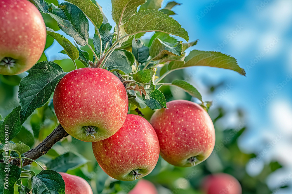 Fresh red apples hanging on tree branches in sunny orchard Fresh red apples hanging on tree branches in sunny orchard