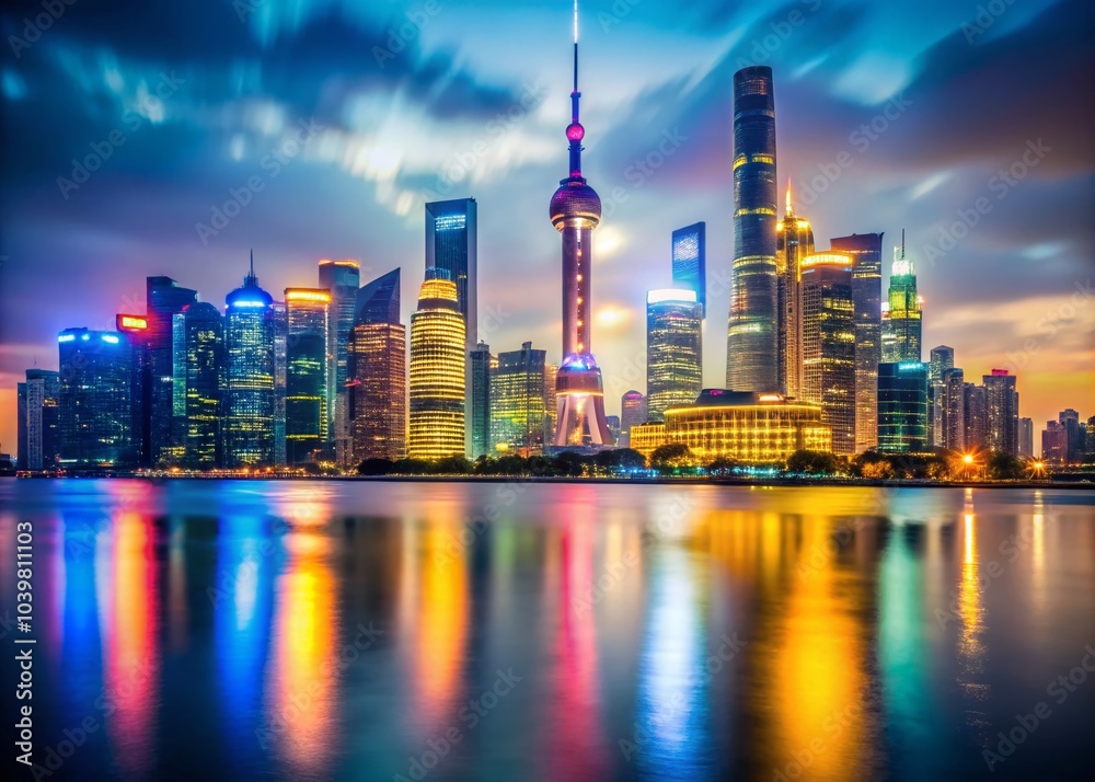 Obraz premium Aerial View of Shanghai's Financial Center at Night: Highrise Bank Building Near the Bund