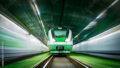 imagen fotorrealista de un tren de alta velocidad verde y blanco en movimiento visto de frente photo