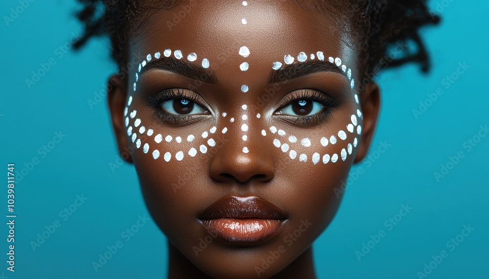 Portrait of a woman with intricate white face paint on a blue background Portrait of a woman with intricate white face paint on a blue background