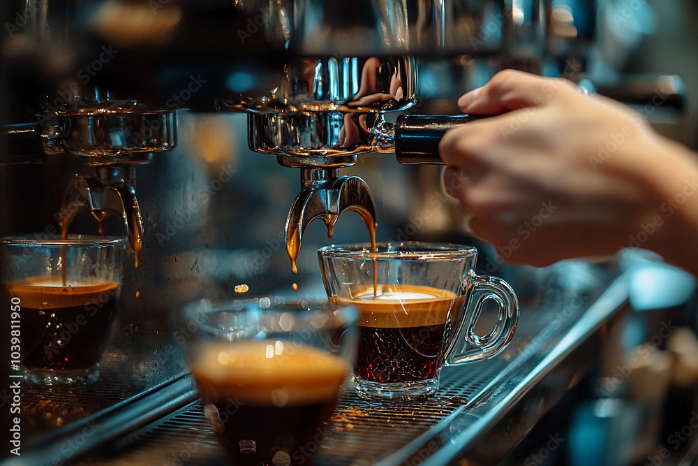 Barista brewing espresso at a coffee shop in the afternoon Barista brewing espresso at a coffee shop in the afternoon