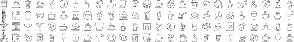 Coffee, Tee, Cups, Grain Related Linear Symbol Drawn with Thin Line for Interface, Booklets, Cards, Posts, Infographics Coffee, Tee, Cups, Grain Related Linear Symbol Drawn with Thin Line for Interface, Booklets, Cards, Posts, Infographics