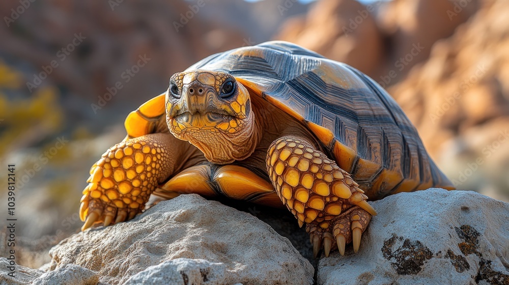 Naklejka premium A close-up of a tortoise resting on a rock in a natural setting.