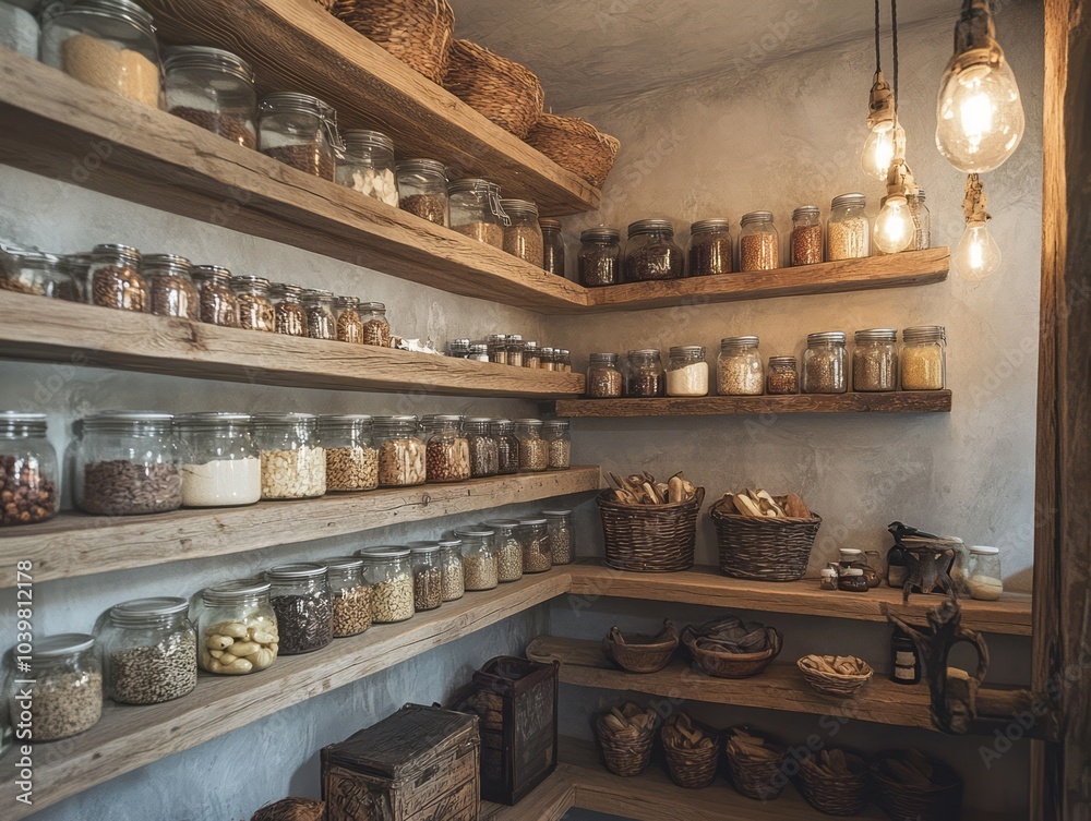 Design an artisan pantry featuring handmade shelves and rustic decor Design an artisan pantry featuring handmade shelves and rustic decor