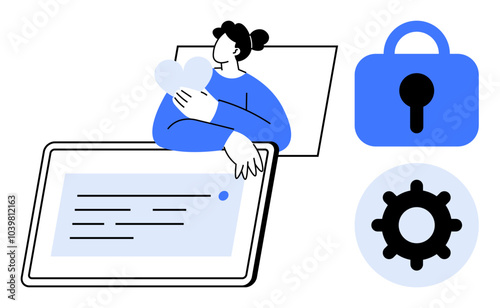 A person holding a heart near a tablet and symbols of a lock and gear in blue and white tones. Ideal for online security, technology, data protection, internet safety, and digital privacy themes