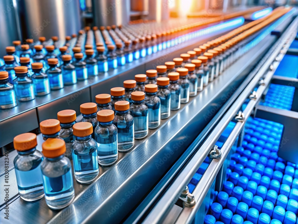 Fototapeta premium Aerial View of Vaccine Vials on Conveyor Belt in Pharmaceutical Manufacturing Facility