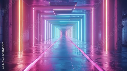 Neon Geometric Light Tunnel with Rainbow Beams