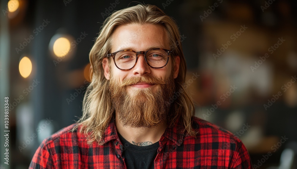 Smiling man with long hair and glasses wearing a plaid shirt in a cafe Smiling man with long hair and glasses wearing a plaid shirt in a cafe
