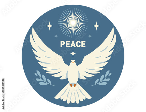 White bird Dove is a symbol of peace in the word. Round banner concept, flat vector design	
 photo