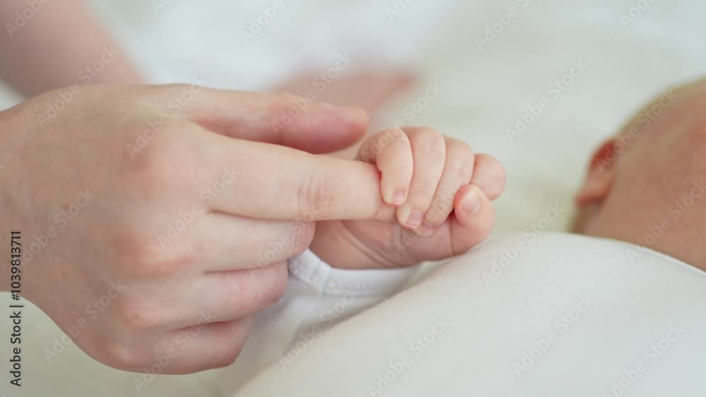 Happy family. Tiny newborn infant baby little hand on mother hand palm. Newborn baby holding parent finger after birth. Mom baby at home. Support protection of new life. Handle with care Happy family. Tiny newborn infant baby little hand on mother hand palm. Newborn baby holding parent finger after birth. Mom baby at home. Support protection of new life. Handle with care