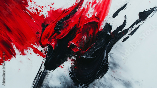 Abstract artistic expression with bold red and black brush strokes on a white canvas during daylight