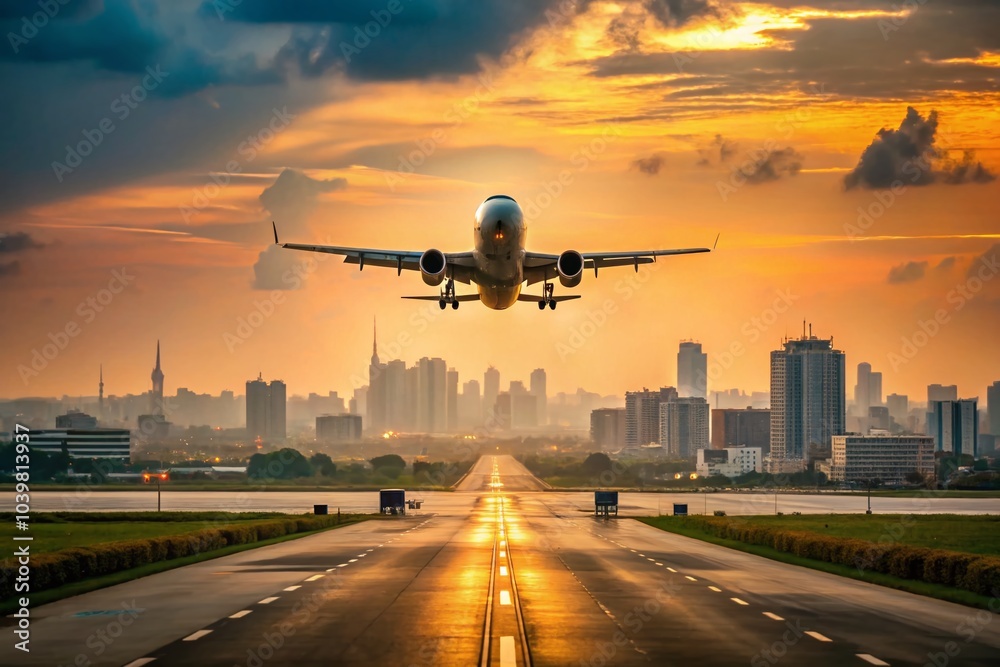 Fototapeta premium Airplane Landing in Lagos - Minimalist Photography Capture of Aircraft Against Urban Skyline