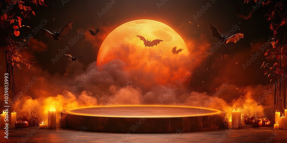 A Halloween-themed podium surrounded by glowing candles, bats, and mist A Halloween-themed podium surrounded by glowing candles, bats, and mist