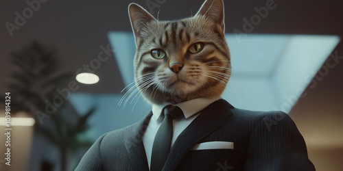 muscularly cat as office boss wearing office uniform in a office,  photo