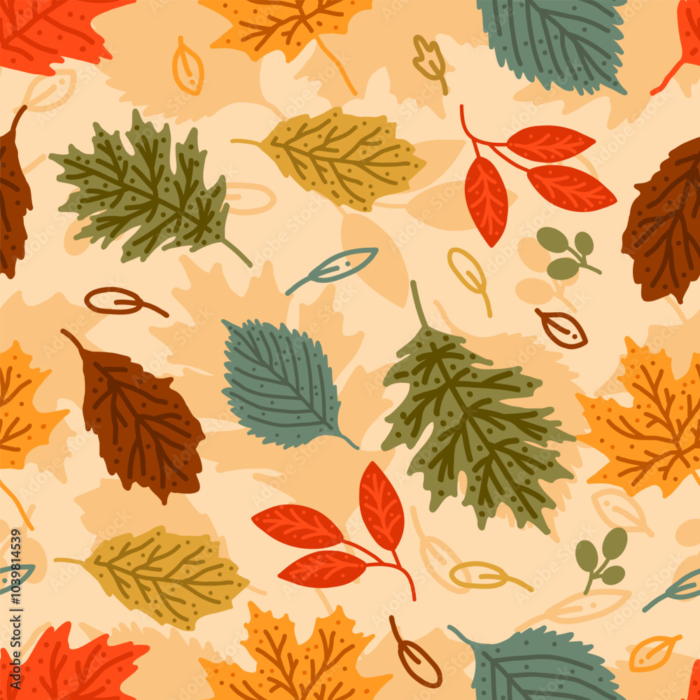 Fototapeta premium Autumn vector seamless pattern with leaves, acorns, berries for printing, design, sale, banner