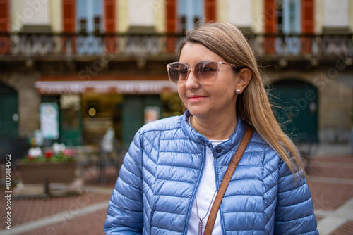 Piazza Vecchia, Bergamo, Italy. Portrait of pretty young blonde woman wearing blue jacket, white blouse and sunglasses standing against old beautiful building on main square in old town on autumn day.