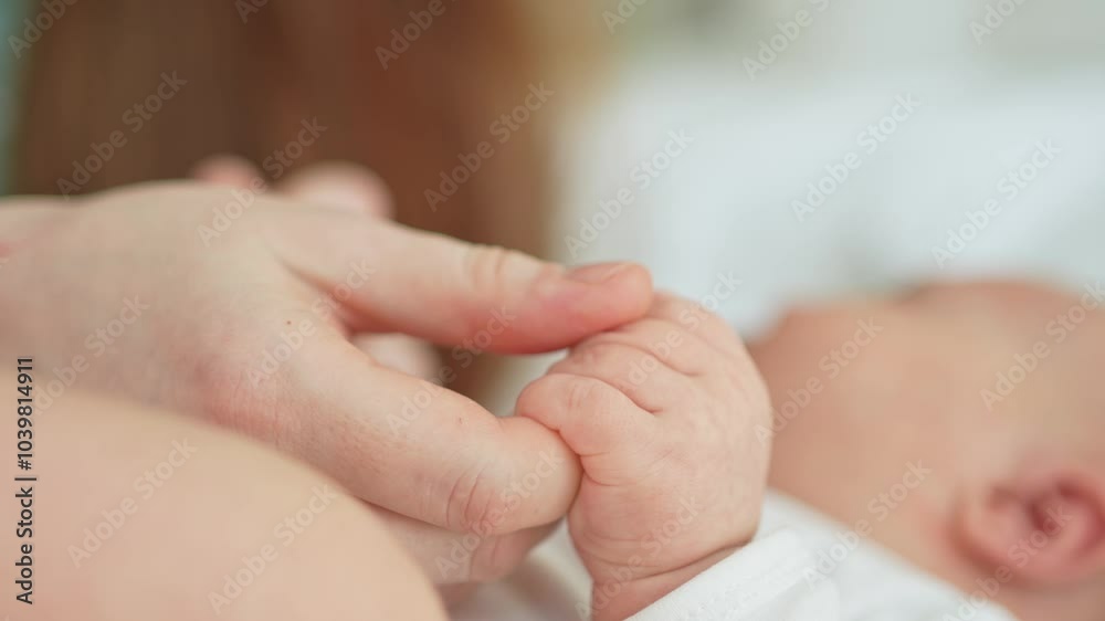 Happy family. Tiny newborn infant baby little hand on mother hand palm. Newborn baby holding parent finger after birth. Mom baby at home. Support protection of new life. Handle with care