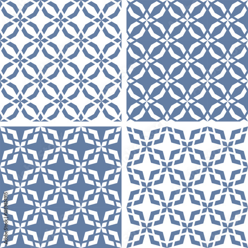 Set of Seamless Geometric Blue and White Patterns.