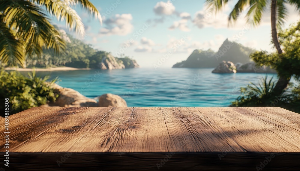 Fototapeta premium A serene coastal view with a wooden table in the foreground at sunset