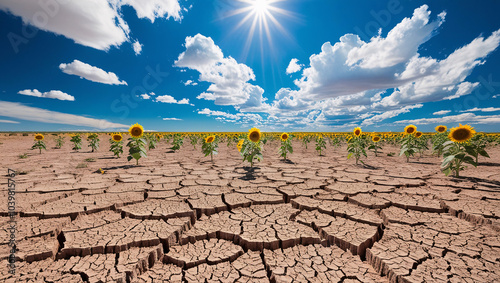 dry land cracks and breaks, plants wither and die, scorching sunlight radiates from the blue sky, texture, background, earth, dry, break, desert, effect