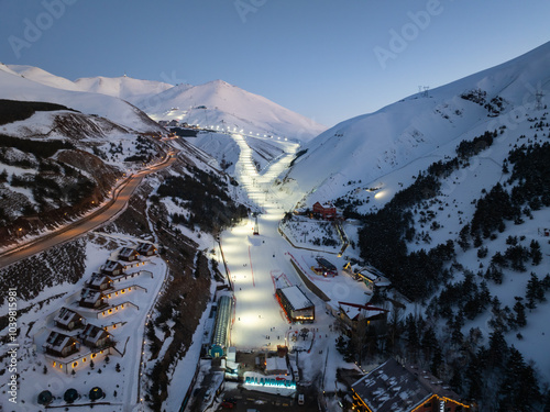 Palandöken Ski Center in the Winter Season Drone Photo, Palandoken Mountains Erzurum, Turkiye (Turkey) photo