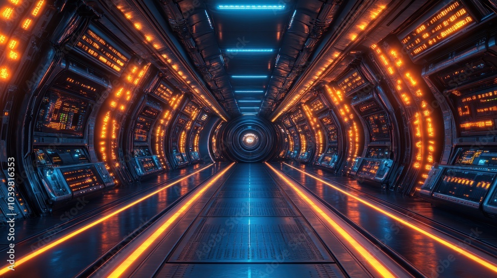Futuristic corridor with glowing lights and control panels. Futuristic corridor with glowing lights and control panels.